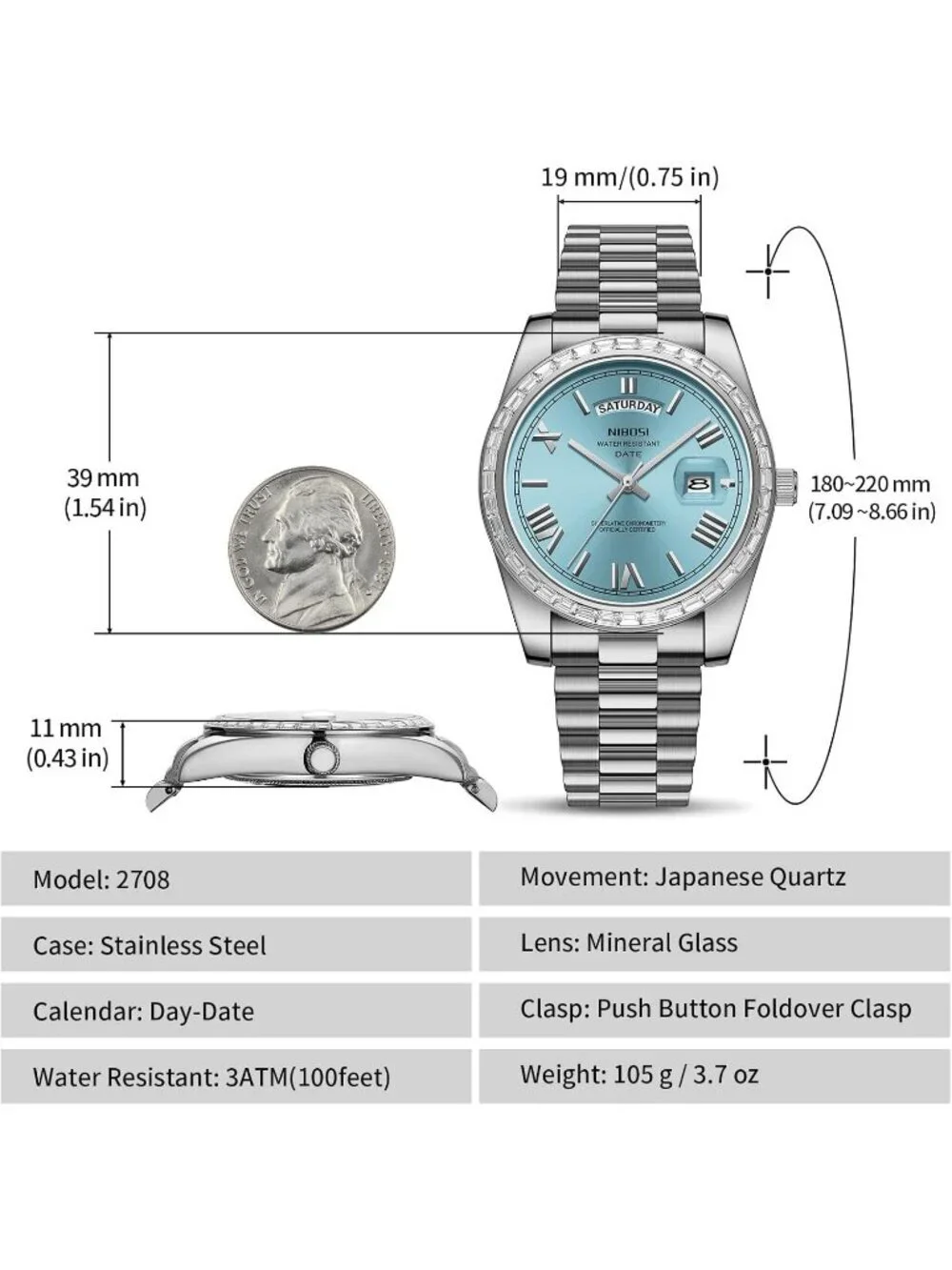 Nibosi Men's Silver Light Blue Analog Quartz Diamond Stainless Waterproof Watch